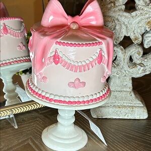 NEW! Valentine’s Day Fake Bake Pink Ribbon Bow Cake on Pedestal Stand